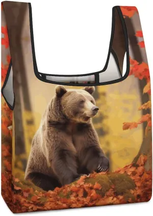 Reusable Shopping Bags,Brown Bear in Autumn Print Foldable Grocery Bags,Folding Gift Tote Bags,Travel Recycle Shopping Bags