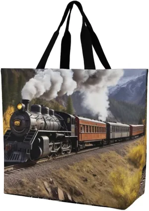 Reusable Shopping Bags,Steam Locomotive Train Printed Portable Tote Bags,Foldable Handbag,Washable Lightweight Medium Grocery Shopping Cloth Bag