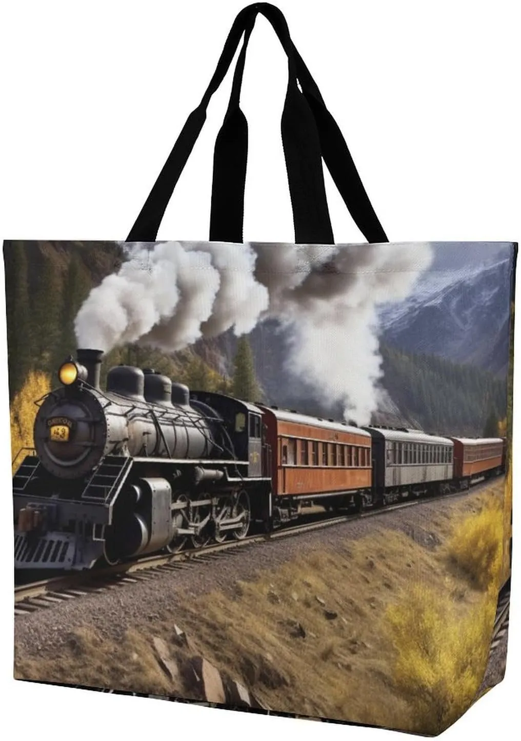 Reusable Shopping Bags,Steam Locomotive Train Printed Portable Tote Bags,Foldable Handbag,Washable Lightweight Medium Grocery Shopping Cloth Bag
