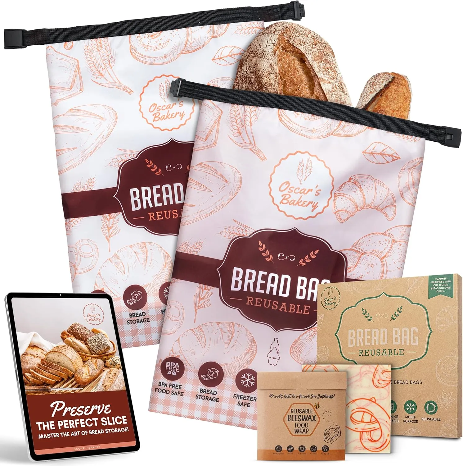 Reusable Sourdough Bread Bags for Homemade Bread- Freezer Safe, BPA-Free Storage Bags- Storage Containers with Beeswax Wrap. Retro Orange- 2 Pack- Oscar's Bakery