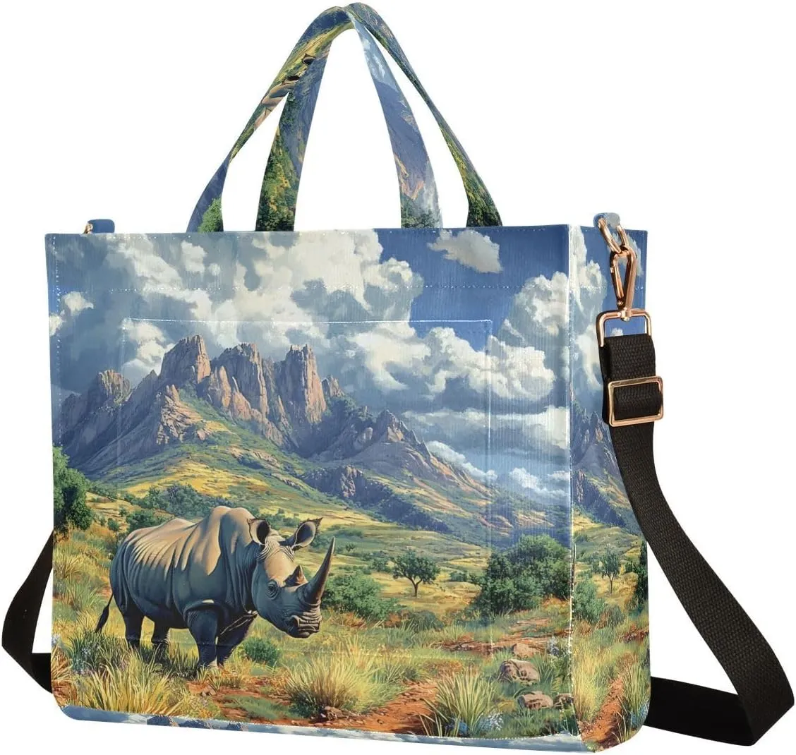 Rhinoceros Landscape Tote Bag for Women Stylish Handbag Large Crossbody Bag with Inner Pocket S
