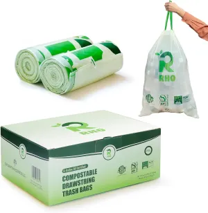 RHO 13 Gallon Trash Bags with Drawstring - 1.18 Mil Thickness Compostable Trash Bags, Tall Kitchen Waste Bags, Recycling Bags ASTM D6400, BPI and OK Compost INDUSTRIAL Certified – Green, 50 Count