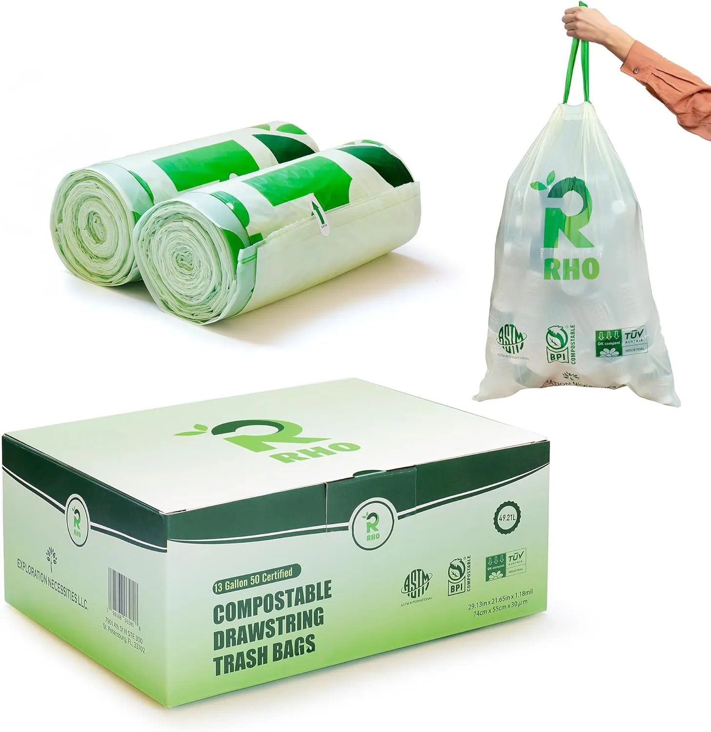 RHO 13 Gallon Trash Bags with Drawstring - 1.18 Mil Thickness Compostable Trash Bags, Tall Kitchen Waste Bags, Recycling Bags ASTM D6400, BPI and OK Compost INDUSTRIAL Certified – Green, 50 Count