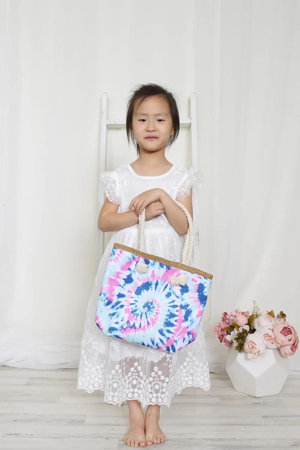 RIAH FASHION Kid's Reusable Eco Shopper Beach Tote - Canvas Fabric Travel Shoulder Bag Plaid Stripe, Animal, Tie Dye
