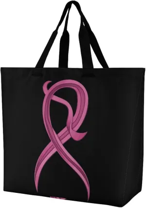 Ribbon Breast Cancer Awareness Shoulder Bag Large Capacity Shopping Bag Washable Grocery Bag Handbag for Women Men