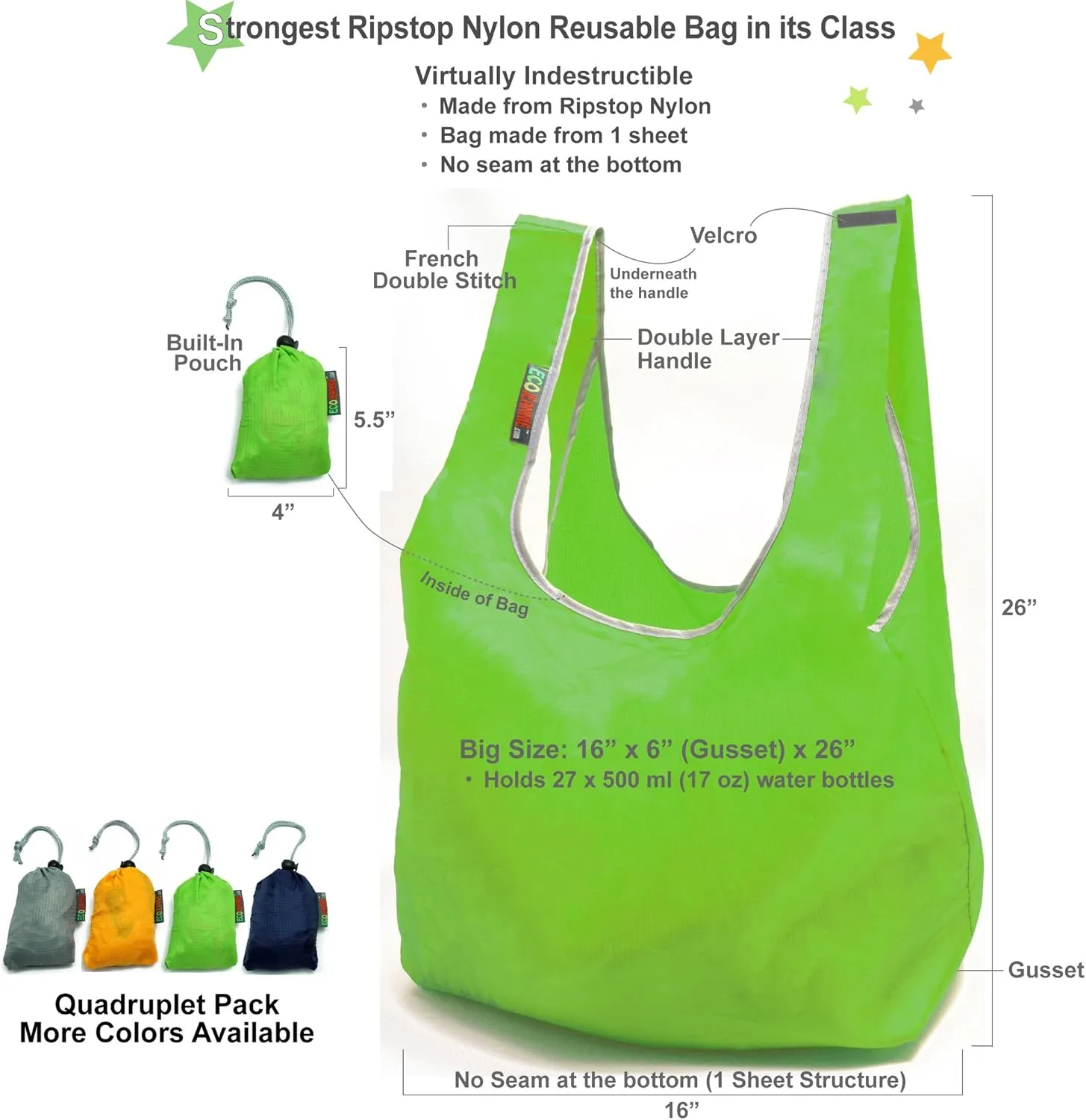 Ripstop Nylon Reusable Grocery Bag, Reusable Shopping Bag, RBS041 (Gray-Orange-Green-Navy)