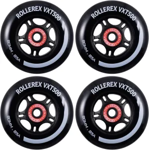 Rollerex VXT500 85A Inline Skate Wheels (4-pack w/bearings, spacers & washers) (Size & Color Options) -Indoor Outdoor- Intended for Roller Blade Wheel Replacement (80mm, Steel Black)