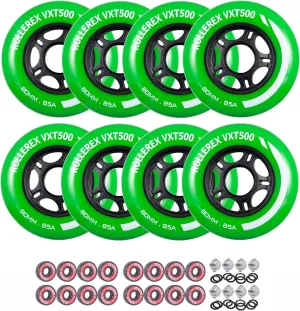 Rollerex VXT500 Inline Skate Wheels (8 Wheels w/Bearings, spacers and washers) (Various Size & Color Options Available) - for Indoor, Outdoor, Hockey - Intended for Roller Blade Wheel Replacement