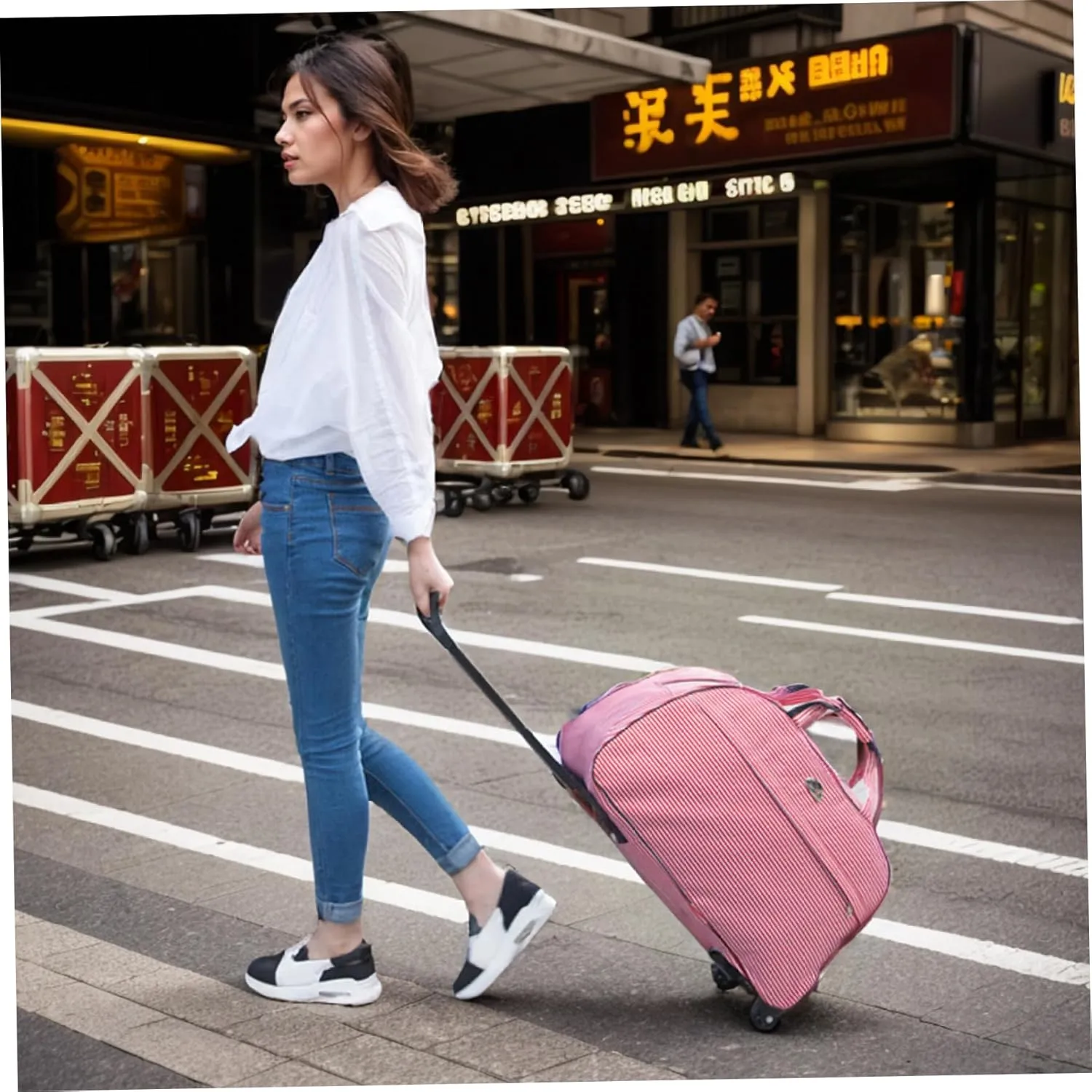 Rolling Duffle Bag, Overnight Weekender Duffel with Wheels, Wheeled Trolley Carry On Luggage Travel Suitcase for Women & Men(Red & White Stripe)