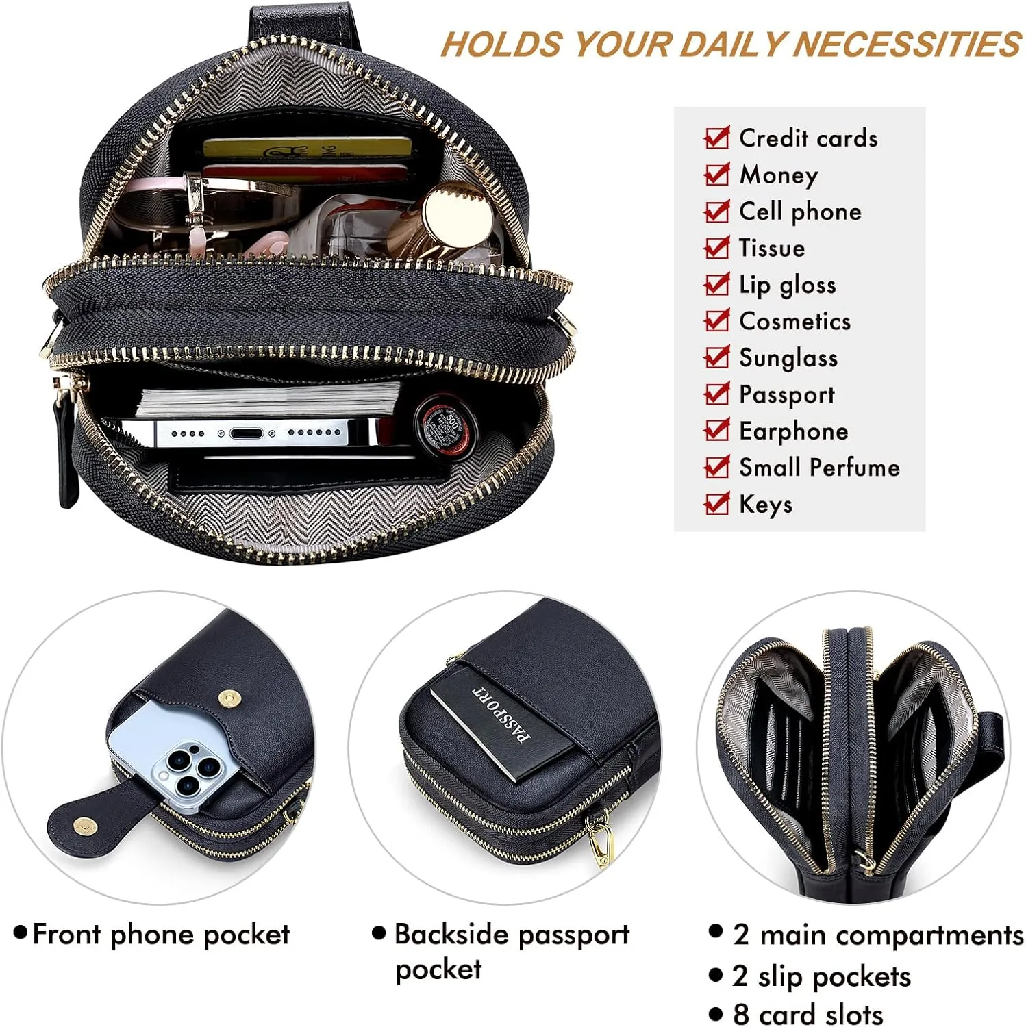 RONSIN Leather Small Crossbody Purse for Women Cell Phone Bag Holder Wallet Purse Travel Pouch Adjustable Strap