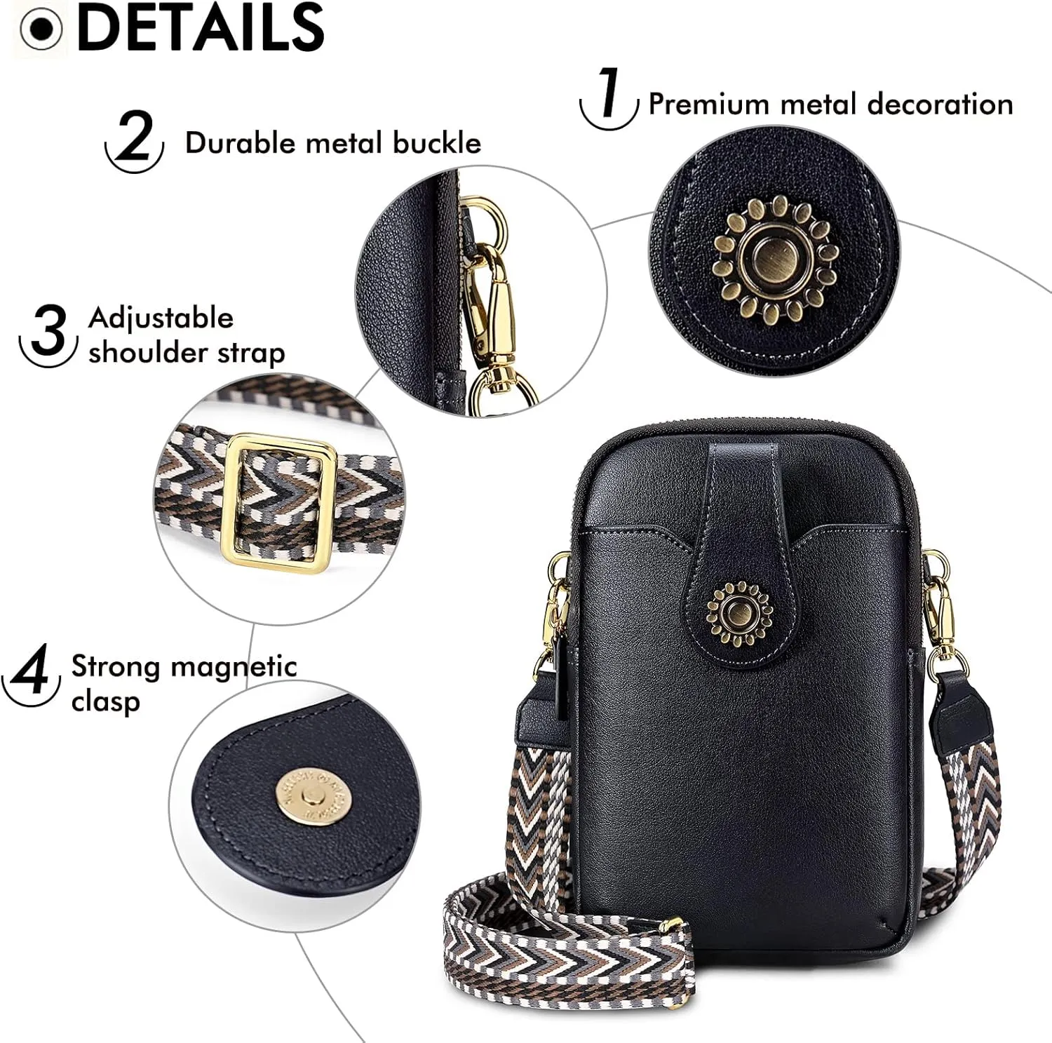 RONSIN Leather Small Crossbody Purse for Women Cell Phone Bag Holder Wallet Purse Travel Pouch Adjustable Strap