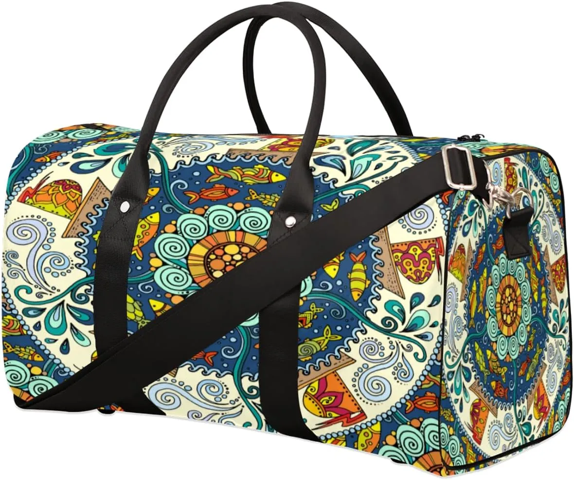 Round Mandala Motifs Travel Duffle Bag Waterproof Foldable Weekender Bags for Women and Men Durable Carry on Overnight Bag with Shoulder Strap Lightweight Sports Gym Tote Bag