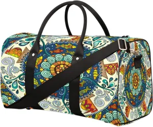Round Mandala Motifs Travel Duffle Bag Waterproof Foldable Weekender Bags for Women and Men Durable Carry on Overnight Bag with Shoulder Strap Lightweight Sports Gym Tote Bag