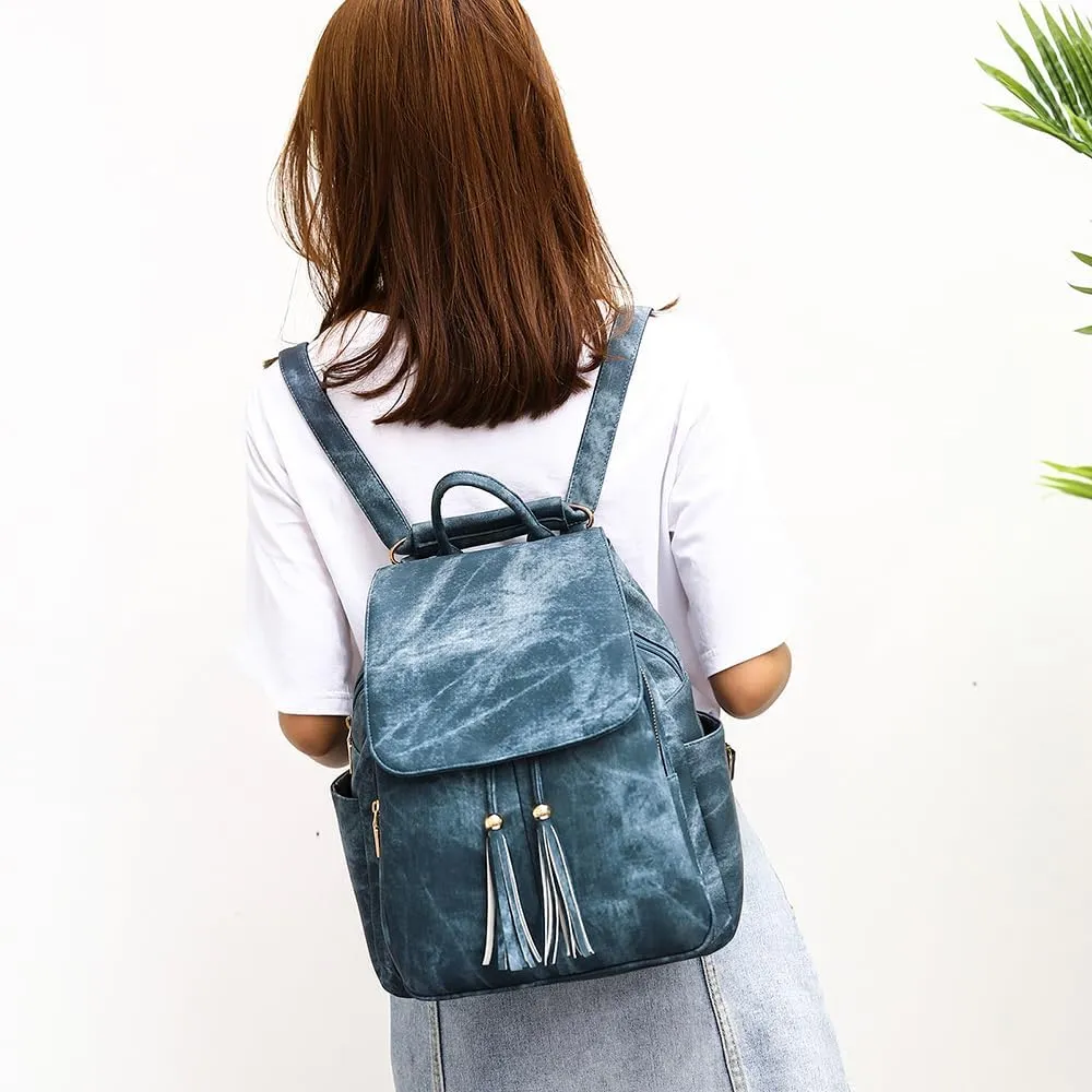 Saddhu Backpack Handbag with Wallet Faux Leather Fringe Shoulder Purse Fashion Daypack Bag for Hiking Travel Blue