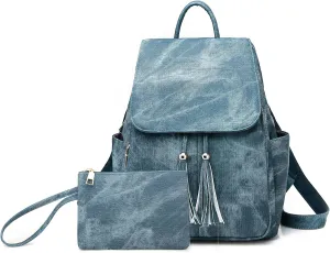 Saddhu Backpack Handbag with Wallet Faux Leather Fringe Shoulder Purse Fashion Daypack Bag for Hiking Travel Blue