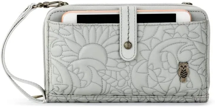 Sakroots Artist Circle Smartphone Crossbody in Eco Twill, Detachable Wristlet Strap, Light Grey Spirit Desert Quilted