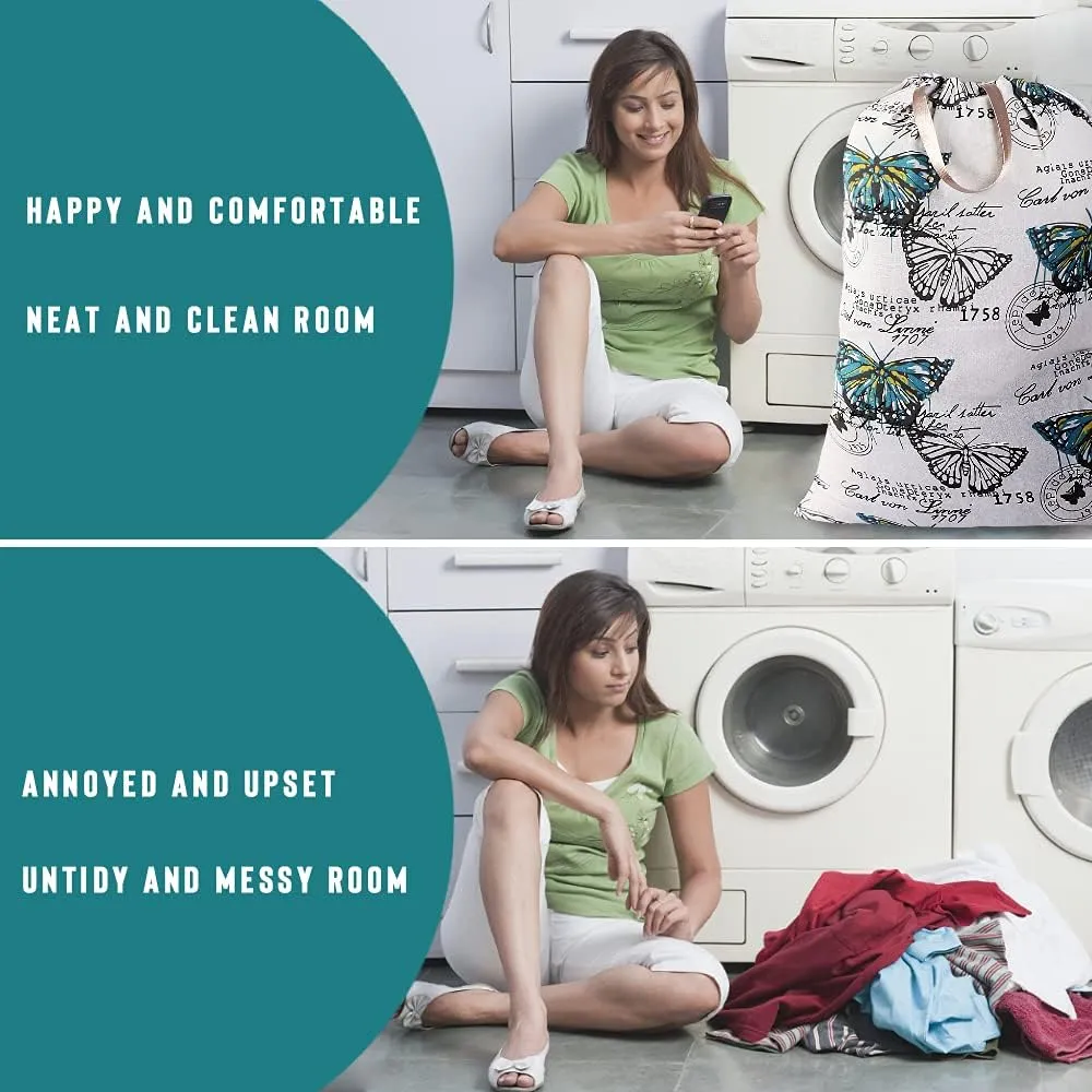 Sanlykate Extra Large Laundry Bag with Drawstring Closure and Handle, 28 x 40 Inch Heavy Duty Travel Dirty Clothes Bag for Laundromat and Household, Butterfly