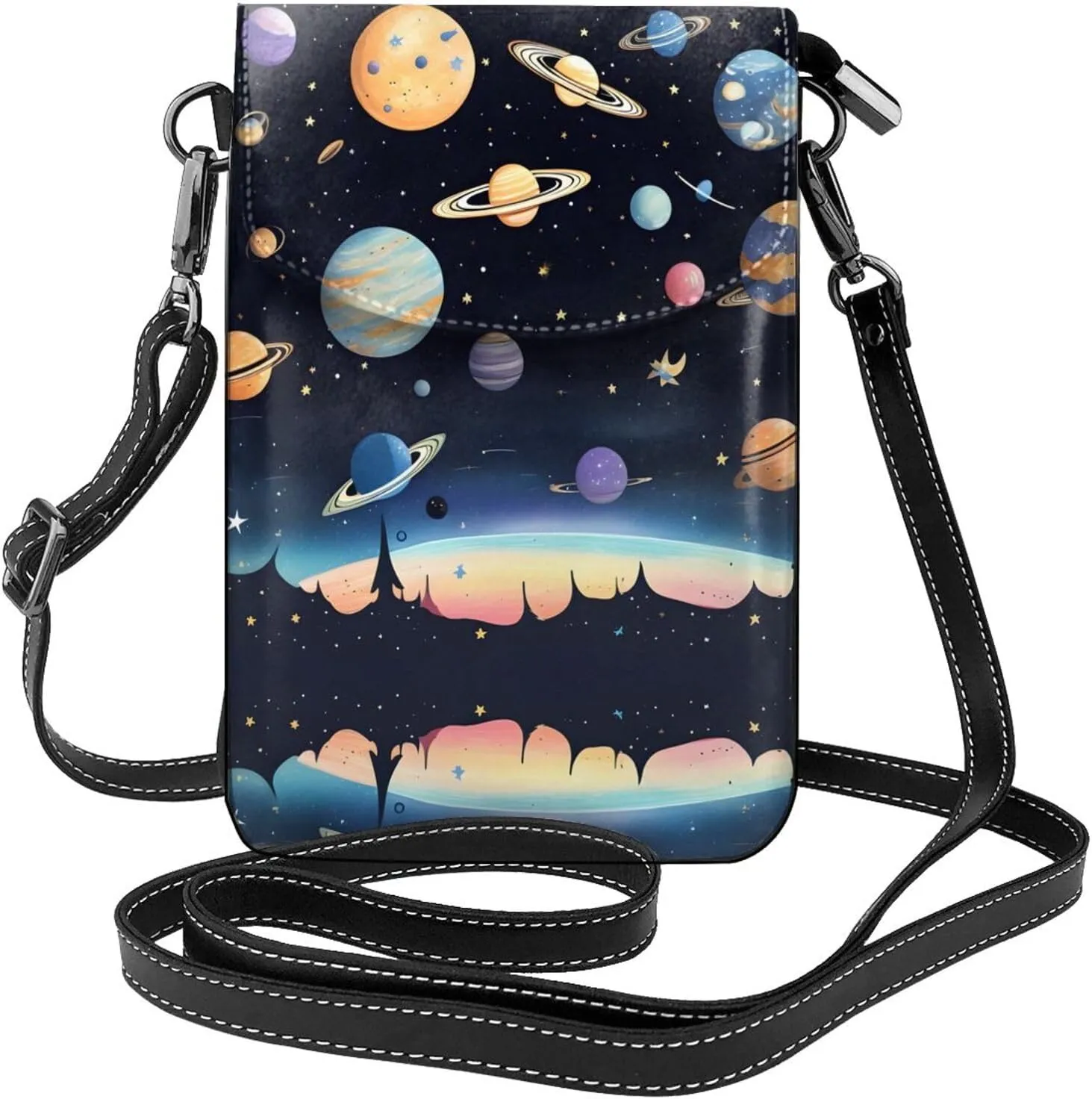 Saturn Jupiter Earth Leather Cell Phone Purse, Lightweight Crossbody Cell Phone Bag, Travel Bag with Credit Card Slots Women's Shoulder Bag