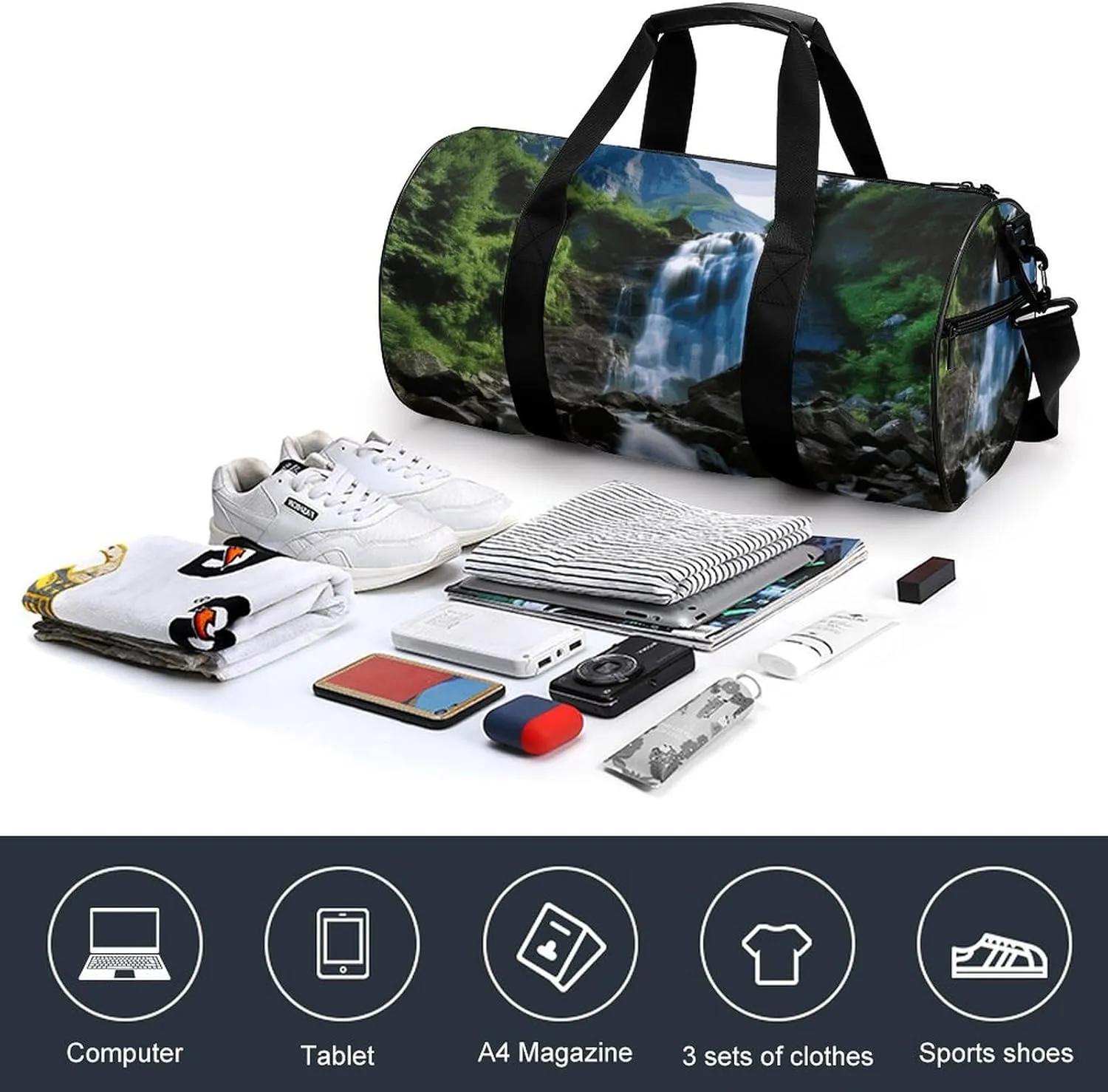 Scenic Mountain Waterfall Gym Bag Small Travel Duffle Bag with Compartment Carry On Weekender Bag for Women Men