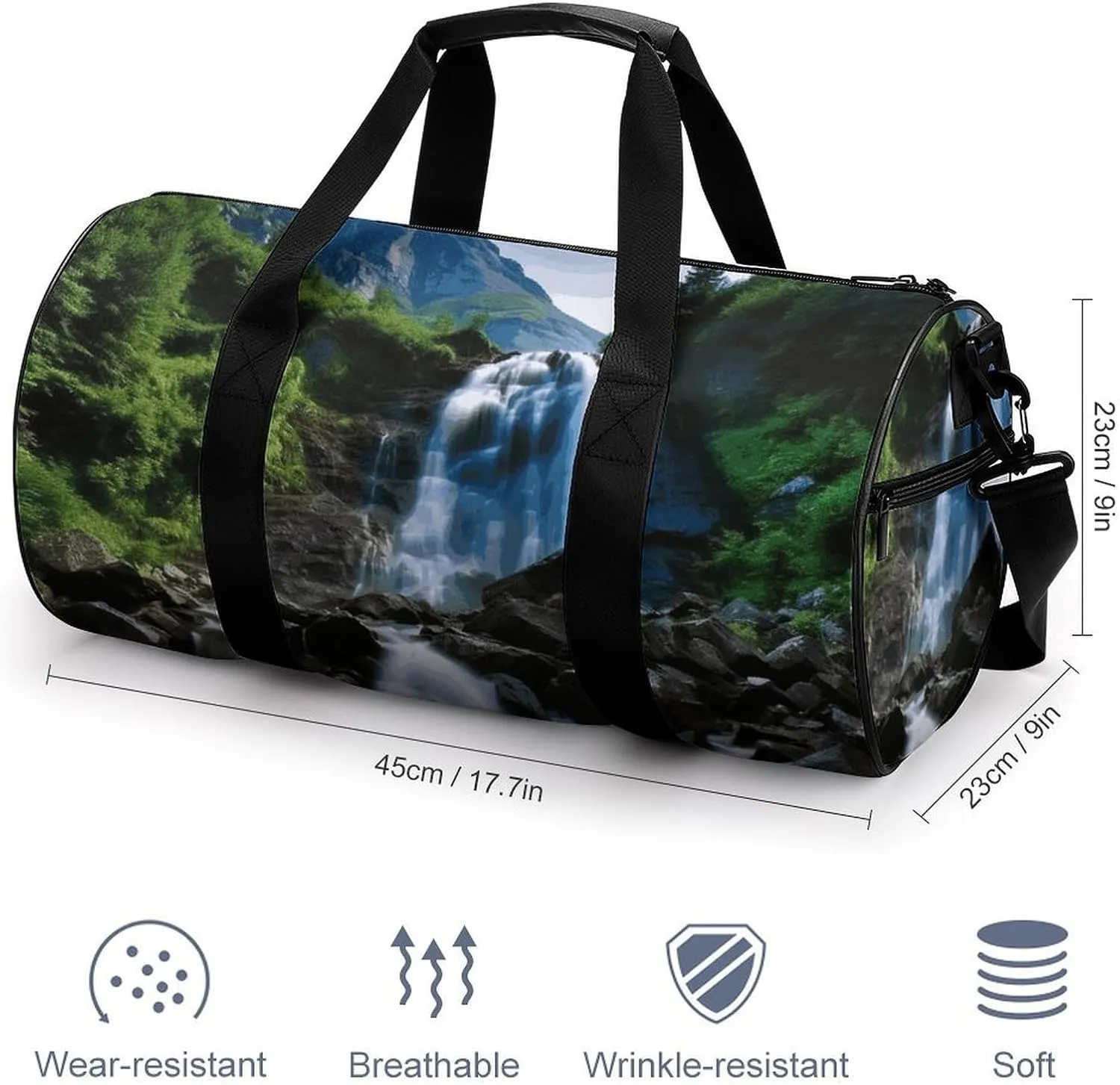 Scenic Mountain Waterfall Gym Bag Small Travel Duffle Bag with Compartment Carry On Weekender Bag for Women Men
