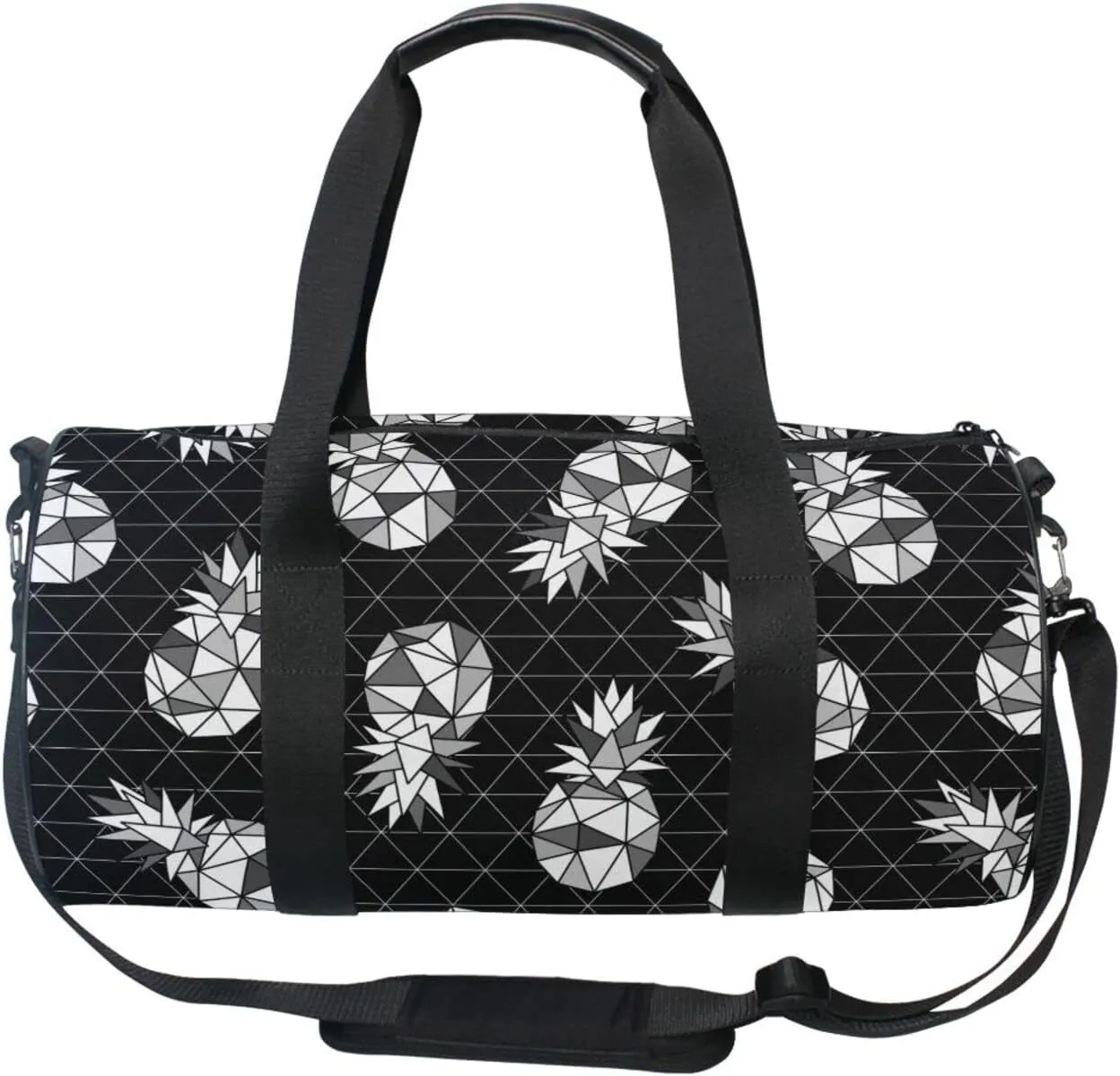 Seamless Black White Geometric Pineapple on Dark Rhombus Lozenge Duffel Bag, Foldable Canvas Travel Tote for Gym Sports with Inner Pockets, Durable Lightweight Fitness Bag for Overnight Workout