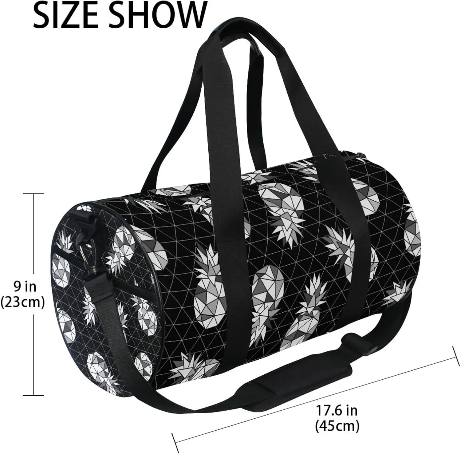 Seamless Black White Geometric Pineapple on Dark Rhombus Lozenge Duffel Bag, Foldable Canvas Travel Tote for Gym Sports with Inner Pockets, Durable Lightweight Fitness Bag for Overnight Workout