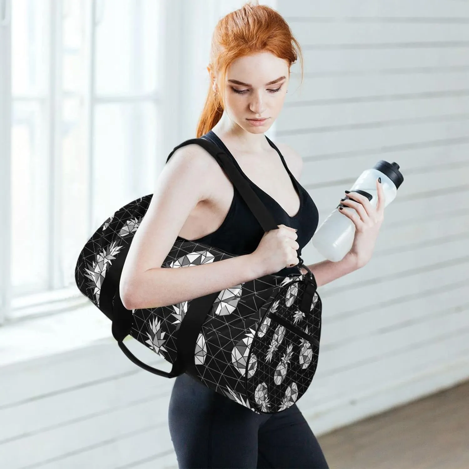 Seamless Black White Geometric Pineapple on Dark Rhombus Lozenge Duffel Bag, Foldable Canvas Travel Tote for Gym Sports with Inner Pockets, Durable Lightweight Fitness Bag for Overnight Workout
