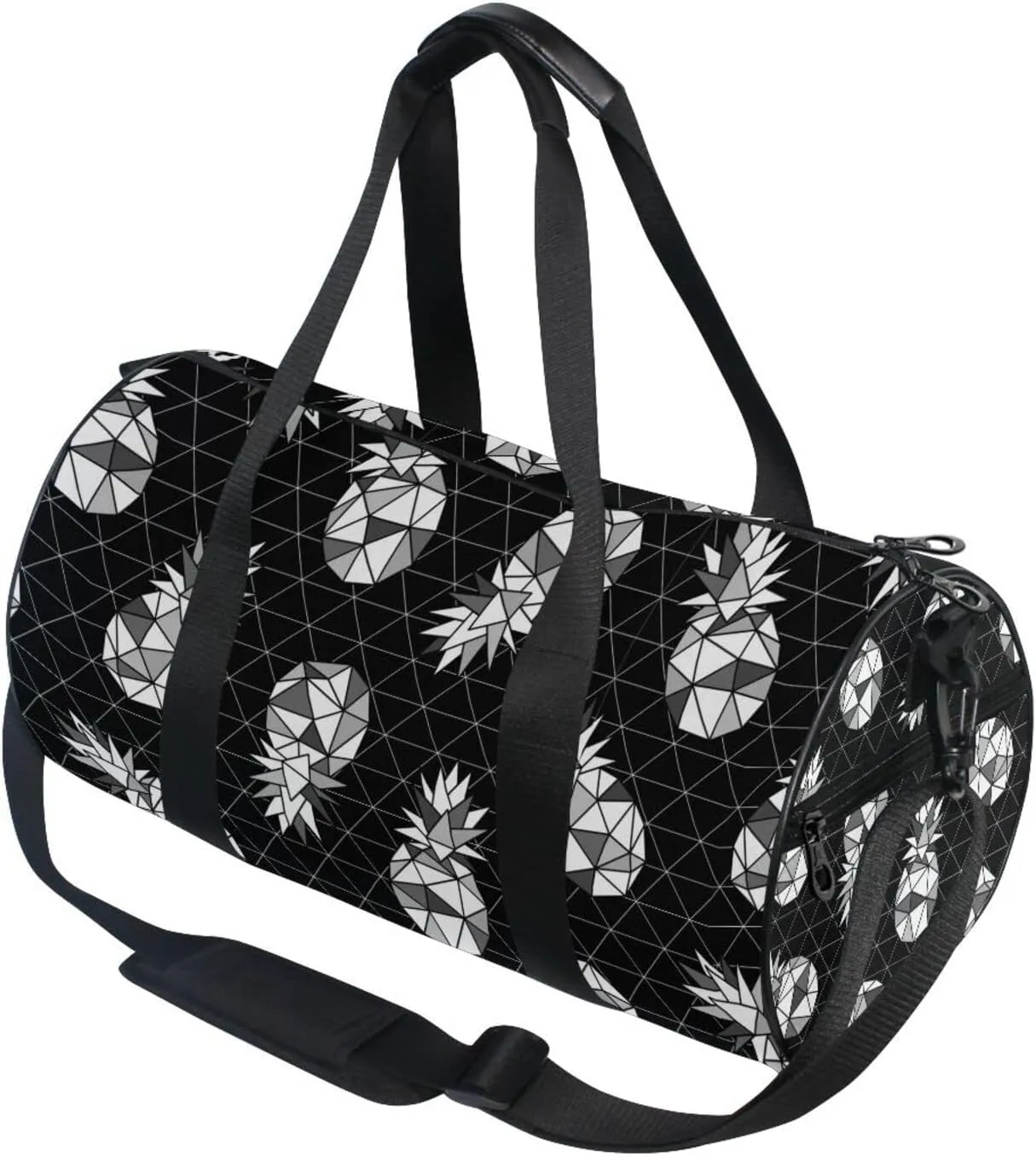 Seamless Black White Geometric Pineapple on Dark Rhombus Lozenge Duffel Bag, Foldable Canvas Travel Tote for Gym Sports with Inner Pockets, Durable Lightweight Fitness Bag for Overnight Workout
