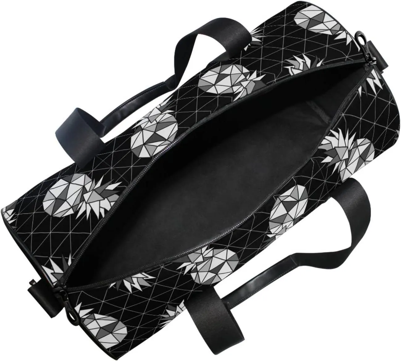 Seamless Black White Geometric Pineapple on Dark Rhombus Lozenge Duffel Bag, Foldable Canvas Travel Tote for Gym Sports with Inner Pockets, Durable Lightweight Fitness Bag for Overnight Workout