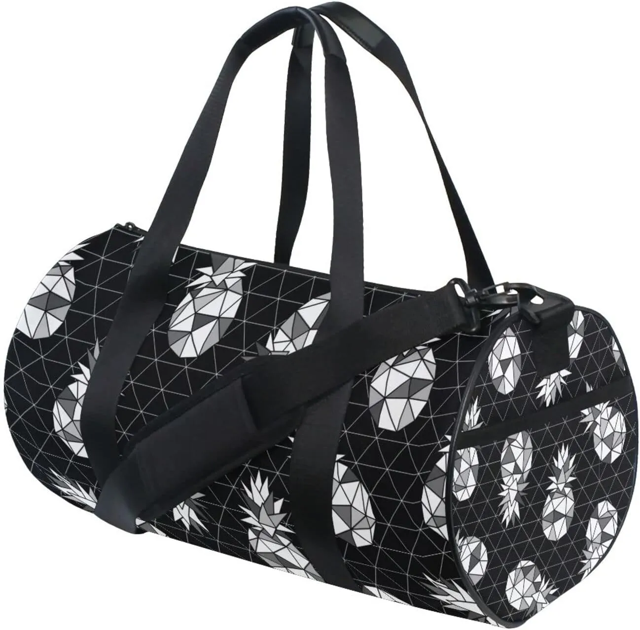 Seamless Black White Geometric Pineapple on Dark Rhombus Lozenge Duffel Bag, Foldable Canvas Travel Tote for Gym Sports with Inner Pockets, Durable Lightweight Fitness Bag for Overnight Workout