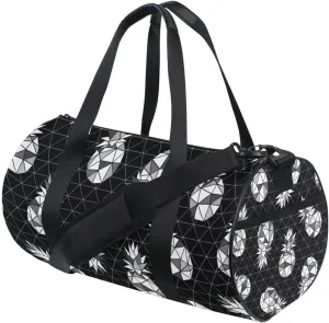Seamless Black White Geometric Pineapple on Dark Rhombus Lozenge Duffel Bag, Foldable Canvas Travel Tote for Gym Sports with Inner Pockets, Durable Lightweight Fitness Bag for Overnight Workout