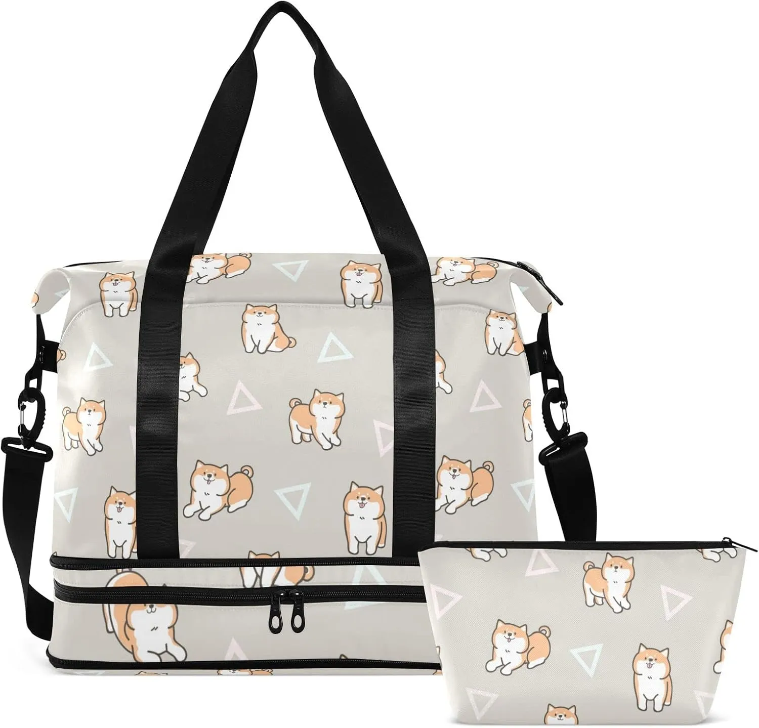 Seamless Cute Cartoon Shiba Inu Dogs Geometric Triangles Gym Duffel Bag, Polyester Travel Weekender Luggage Handbag with Waterproof Pocket for Wet Items, Unisex Foldable Tote for Sports
