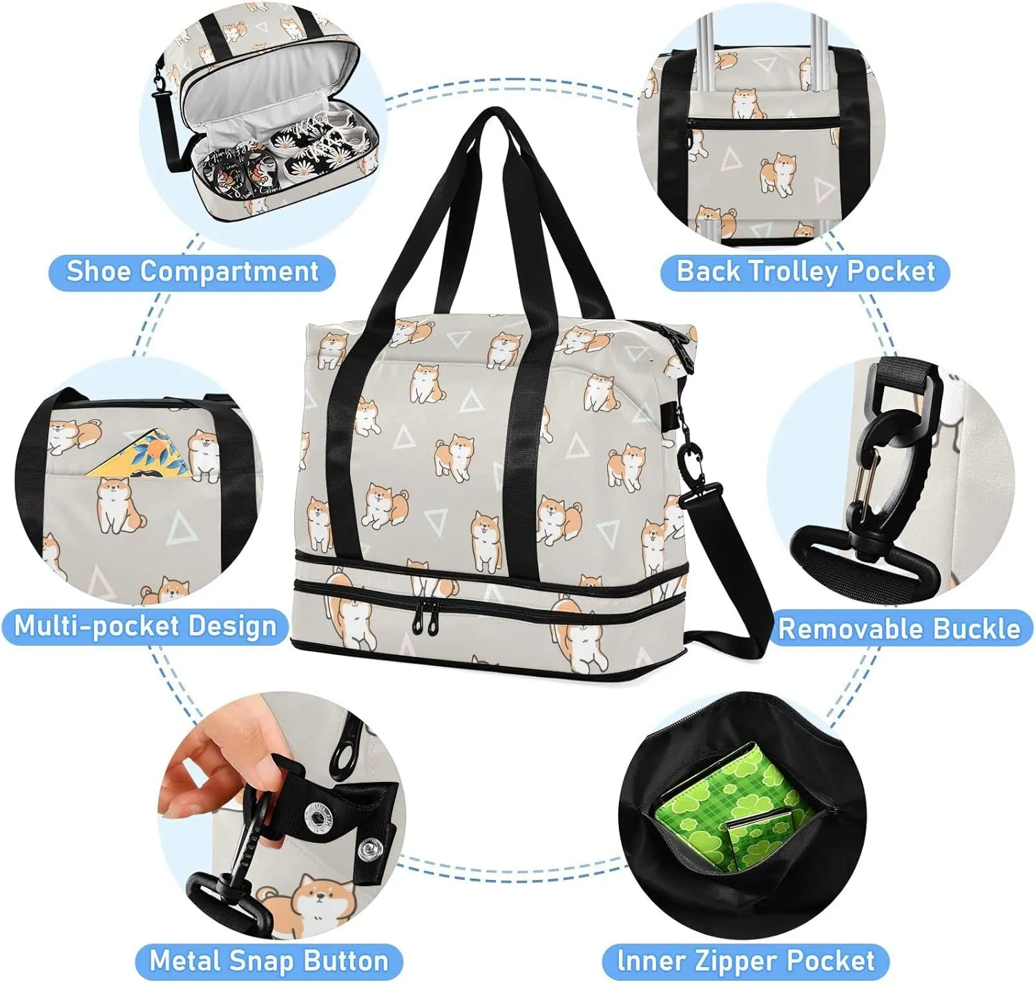Seamless Cute Cartoon Shiba Inu Dogs Geometric Triangles Gym Duffel Bag, Polyester Travel Weekender Luggage Handbag with Waterproof Pocket for Wet Items, Unisex Foldable Tote for Sports