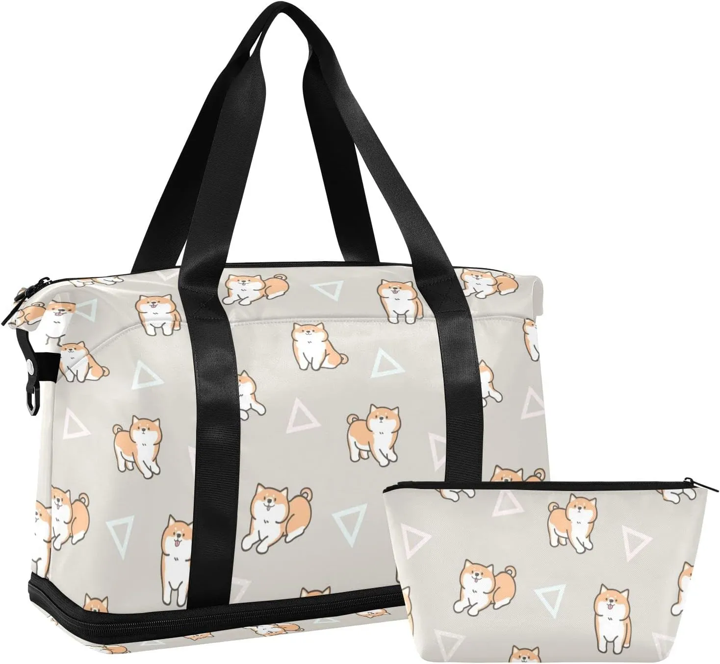 Seamless Cute Cartoon Shiba Inu Dogs Geometric Triangles Gym Duffel Bag, Polyester Travel Weekender Luggage Handbag with Waterproof Pocket for Wet Items, Unisex Foldable Tote for Sports