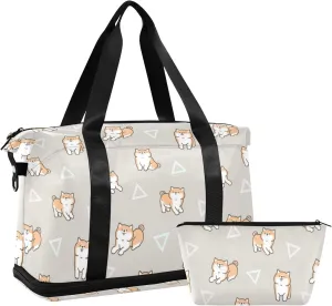 Seamless Cute Cartoon Shiba Inu Dogs Geometric Triangles Gym Duffel Bag, Polyester Travel Weekender Luggage Handbag with Waterproof Pocket for Wet Items, Unisex Foldable Tote for Sports