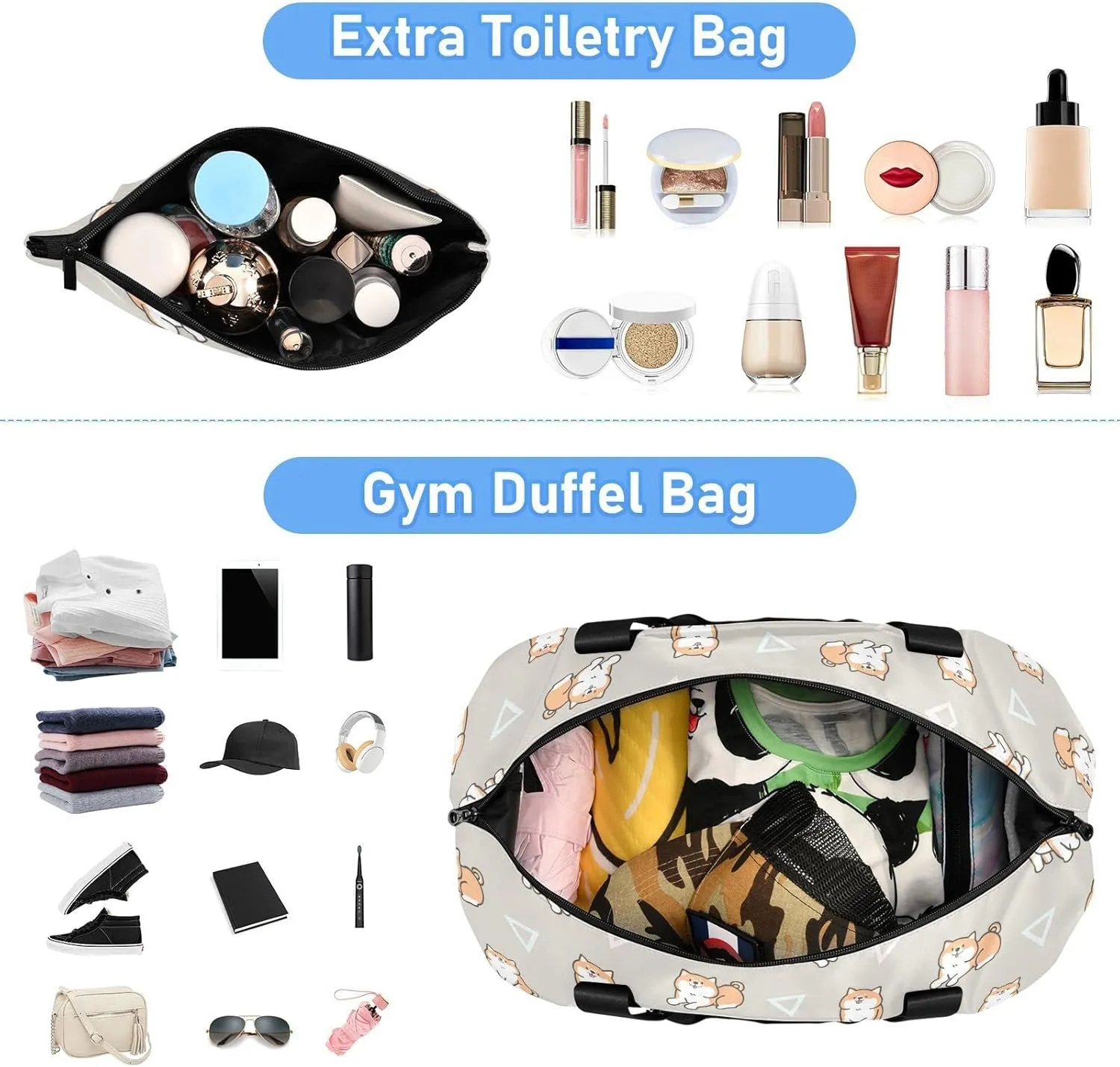 Seamless Cute Cartoon Shiba Inu Dogs Geometric Triangles Gym Duffel Bag, Polyester Travel Weekender Luggage Handbag with Waterproof Pocket for Wet Items, Unisex Foldable Tote for Sports
