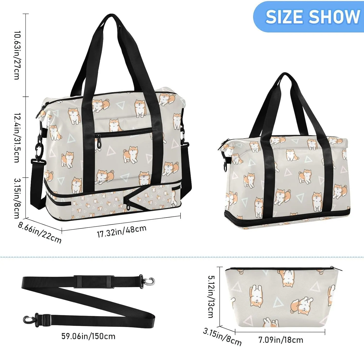 Seamless Cute Cartoon Shiba Inu Dogs Geometric Triangles Gym Duffel Bag, Polyester Travel Weekender Luggage Handbag with Waterproof Pocket for Wet Items, Unisex Foldable Tote for Sports