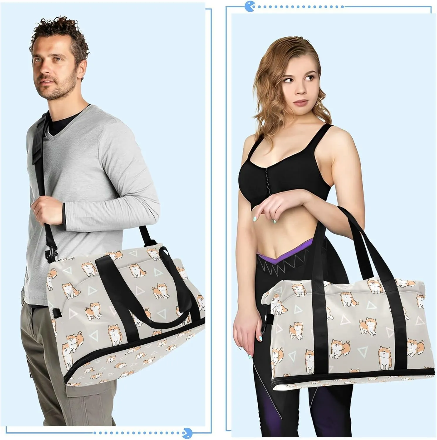 Seamless Cute Cartoon Shiba Inu Dogs Geometric Triangles Gym Duffel Bag, Polyester Travel Weekender Luggage Handbag with Waterproof Pocket for Wet Items, Unisex Foldable Tote for Sports