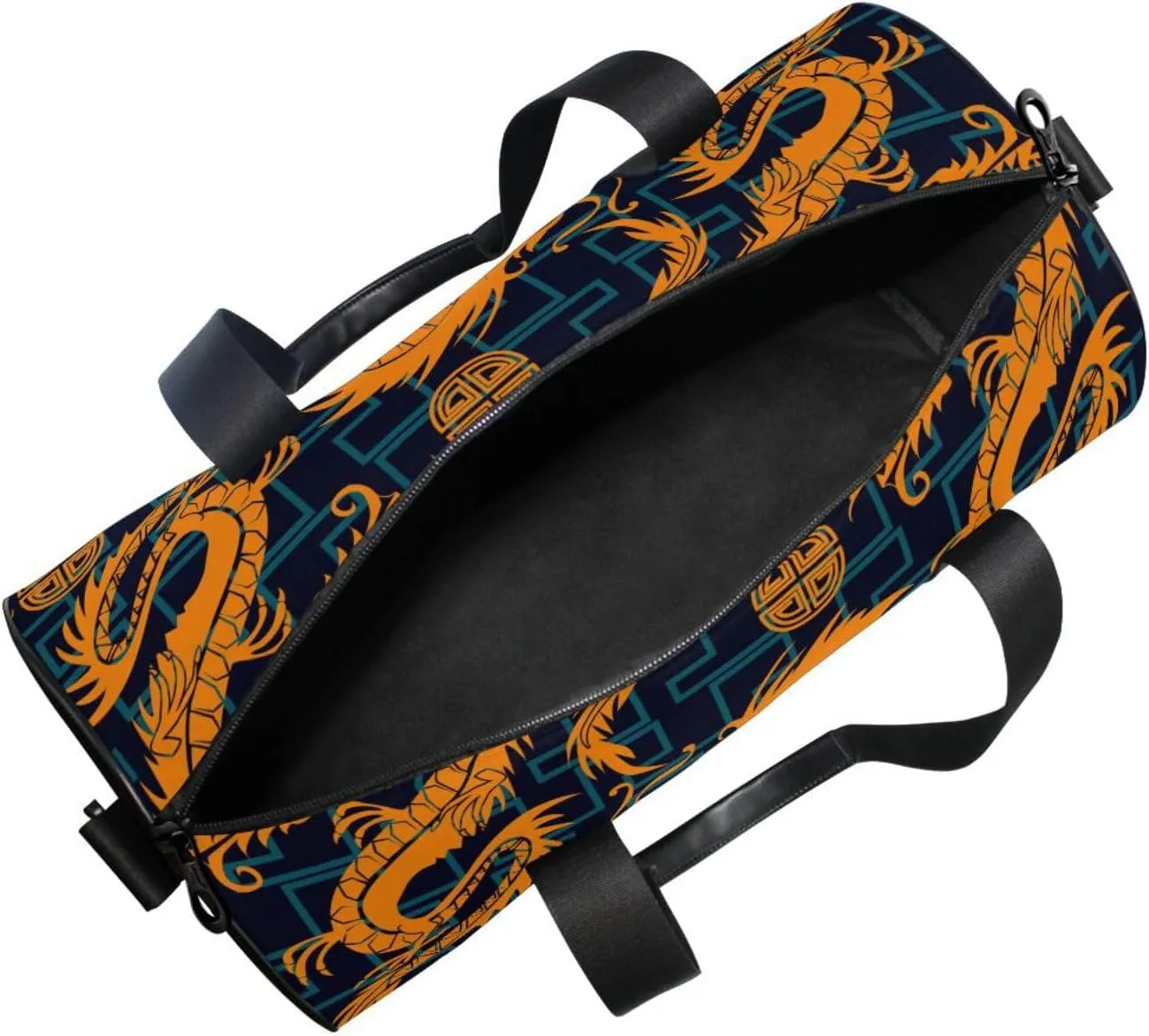 Seamless Orange Dragons on Blue Geometric Lines Dark Background Portable Gym Bag, Travel Bag, Luggage bag, Sports Bag, Toiletry Bag with Handles, Detachable Shoulder Strap 17.6 x 9 x 9 inch