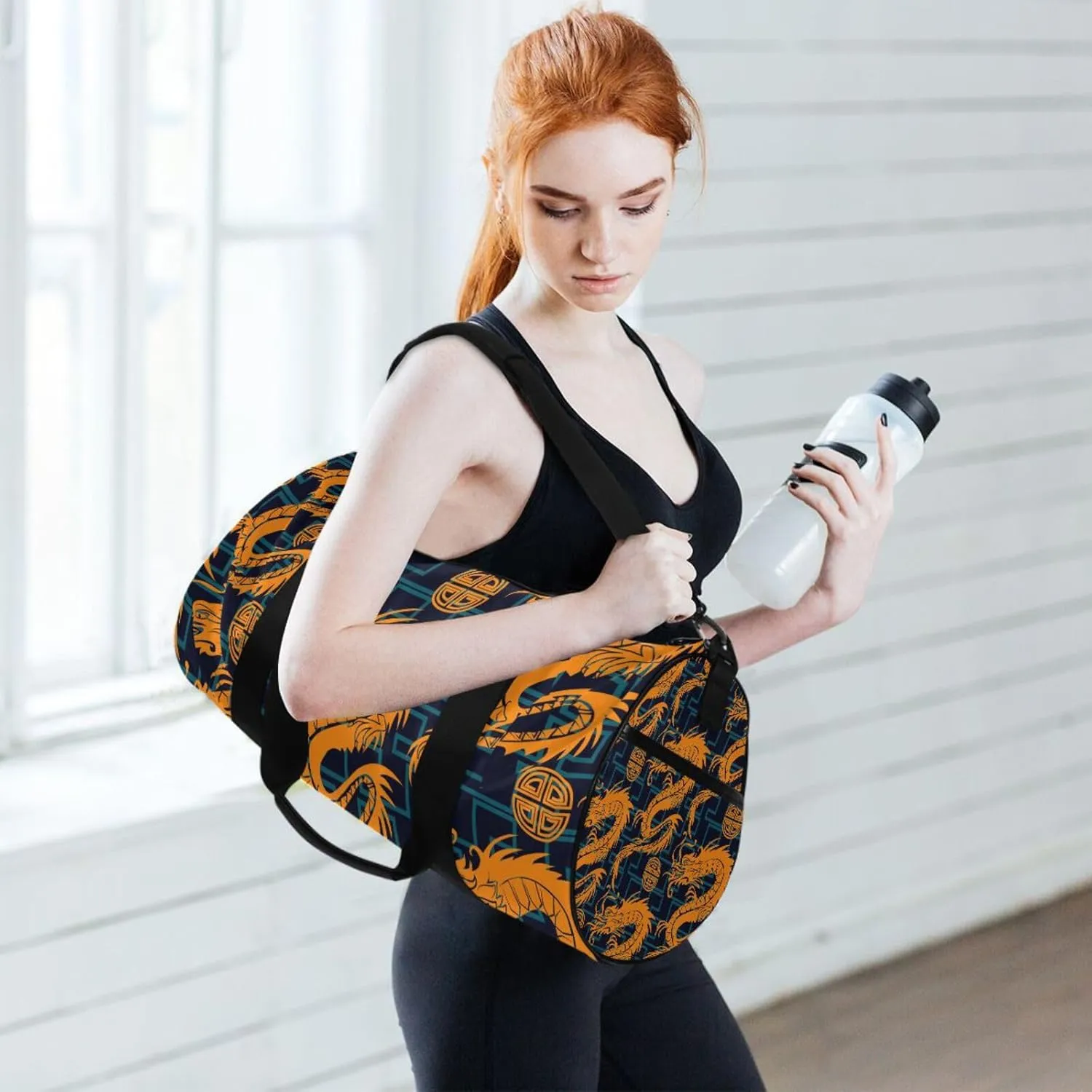 Seamless Orange Dragons on Blue Geometric Lines Dark Background Portable Gym Bag, Travel Bag, Luggage bag, Sports Bag, Toiletry Bag with Handles, Detachable Shoulder Strap 17.6 x 9 x 9 inch