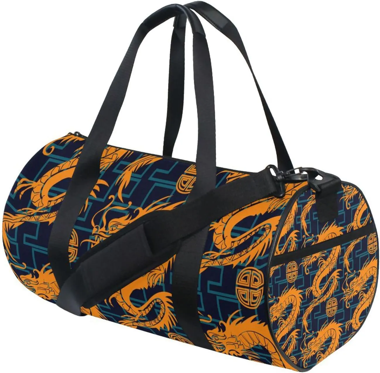 Seamless Orange Dragons on Blue Geometric Lines Dark Background Portable Gym Bag, Travel Bag, Luggage bag, Sports Bag, Toiletry Bag with Handles, Detachable Shoulder Strap 17.6 x 9 x 9 inch