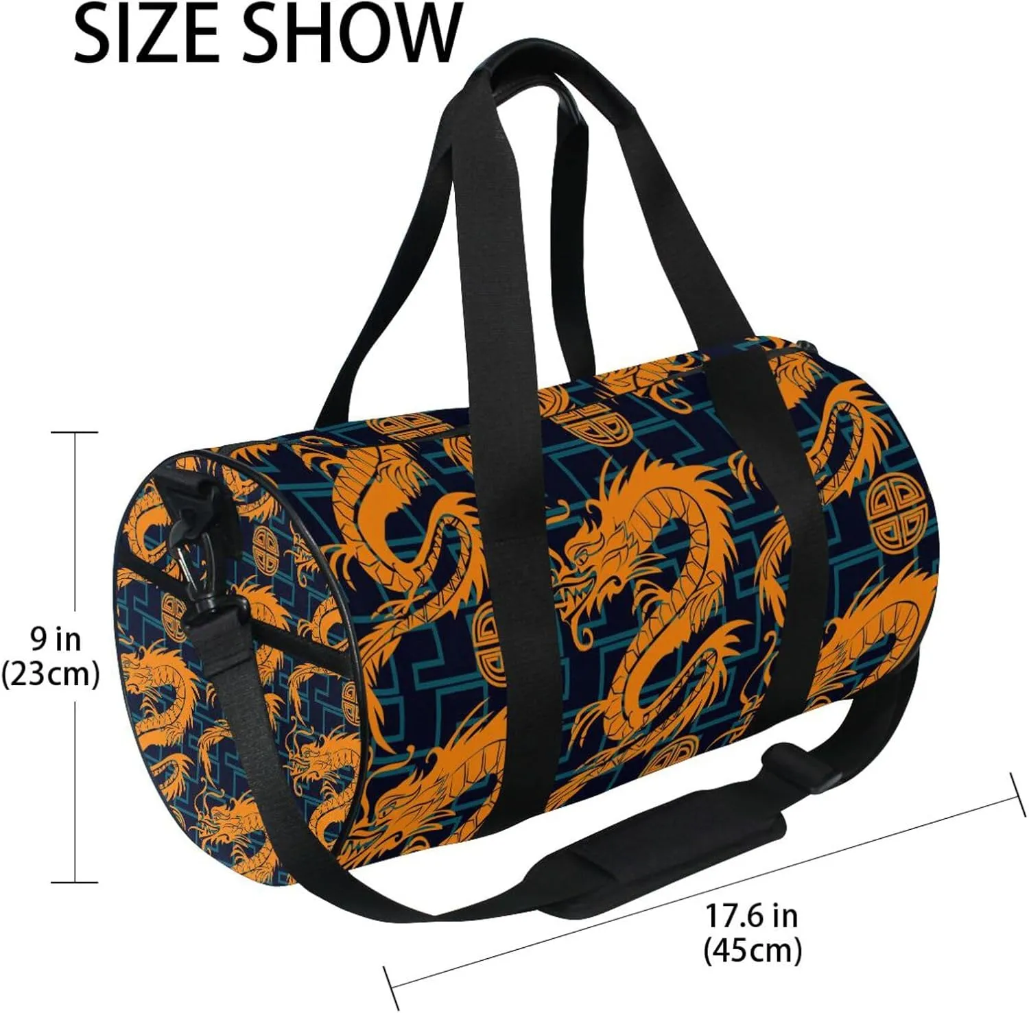 Seamless Orange Dragons on Blue Geometric Lines Dark Background Portable Gym Bag, Travel Bag, Luggage bag, Sports Bag, Toiletry Bag with Handles, Detachable Shoulder Strap 17.6 x 9 x 9 inch