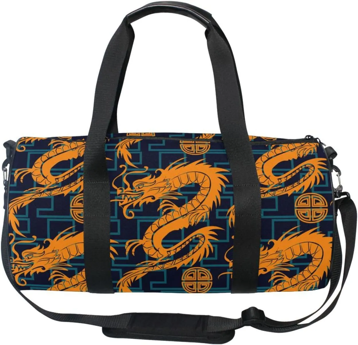 Seamless Orange Dragons on Blue Geometric Lines Dark Background Portable Gym Bag, Travel Bag, Luggage bag, Sports Bag, Toiletry Bag with Handles, Detachable Shoulder Strap 17.6 x 9 x 9 inch