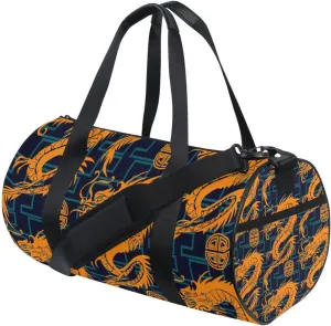 Seamless Orange Dragons on Blue Geometric Lines Dark Background Portable Gym Bag, Travel Bag, Luggage bag, Sports Bag, Toiletry Bag with Handles, Detachable Shoulder Strap 17.6 x 9 x 9 inch