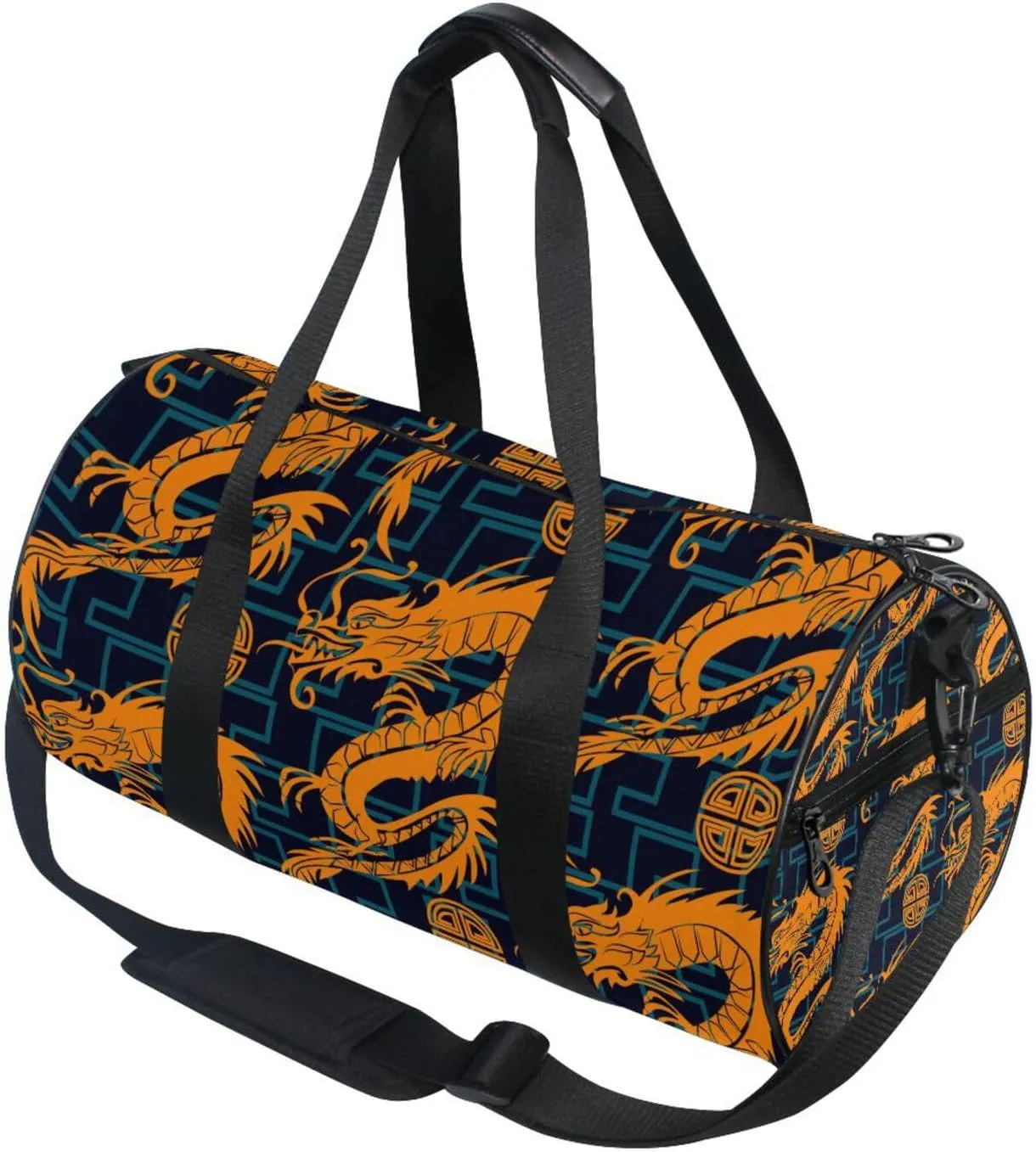 Seamless Orange Dragons on Blue Geometric Lines Dark Background Portable Gym Bag, Travel Bag, Luggage bag, Sports Bag, Toiletry Bag with Handles, Detachable Shoulder Strap 17.6 x 9 x 9 inch