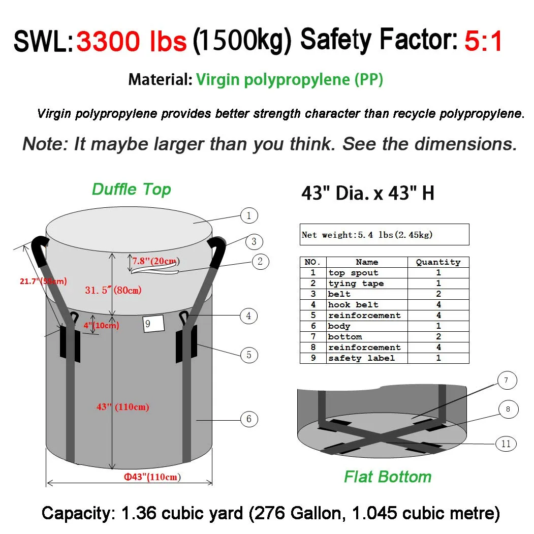 Secbolt FIBC Bulk Bag, Anti-UV 3 Years, 1.5 Ton SWL @ 5:1 Safety Factor, 43" Dia. x 43" H Tubular, Duffle Top, Flat Bottom, Woven Polypropylene PP