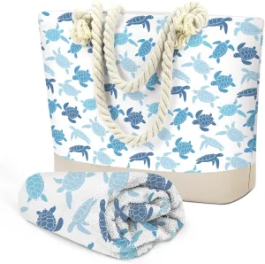 SENJIAN Turtle Beach Towel Sand Free Quick Dry Lightweight Travel Turtle Beach Towel And Tote Bag Set Ladies Beachs Essentials, Suitable for Swimming Pools, Cruise Vacations, Travel, Camping