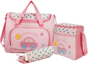 Set 4-piece Diaper Bag Tote Shoulder Strap Changing Pad Bottle Holder Car Design
