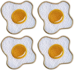 Set of Four - Sunny-Side Up Fried Egg - Black VeIcro/Hook and Loop Backing - Embroidered Patch/Badge/Emblem
