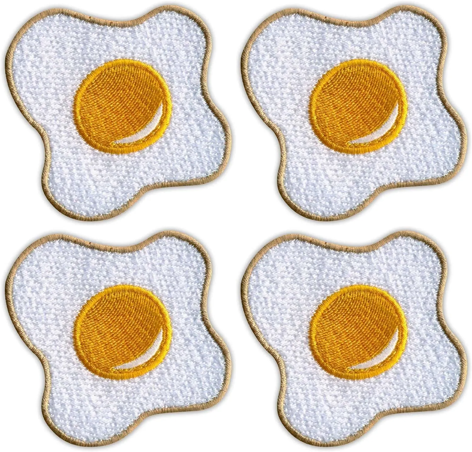 Set of Four - Sunny-Side Up Fried Egg - Black VeIcro/Hook and Loop Backing - Embroidered Patch/Badge/Emblem
